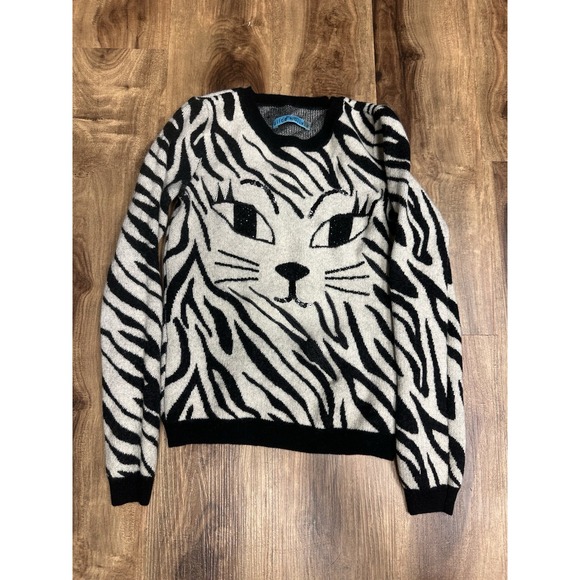 Alice + Olivia Sweaters - Alice Olivia Women Zebra Cat Intarsia Knit Sweater XS Black White